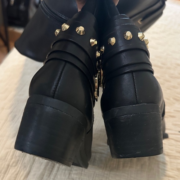 Vince Camuto Black Leather Heeled Boots with Gold Accents - Picture 3 of 6